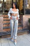 Metallic Silver Parlak Wide Leg Kadın Pantolon