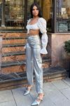Metallic Silver Parlak Wide Leg Kadın Pantolon