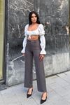 Yüksek Bel Çimalı  Wide Leg Kadın Pantolon -Gri