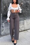 Yüksek Bel Çimalı  Wide Leg Kadın Pantolon -Gri
