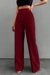 Yüksek Bel Geniş Paça Kadın Kumaş  Milano Pantolon -Bordo3852  