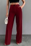 Yüksek Bel Geniş Paça Kadın Kumaş  Milano Pantolon -Bordo3852  