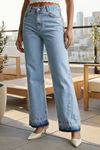 Buz Mavisi Yüksek Bel Ön Dikiş Detaylı Wide Leg Jean